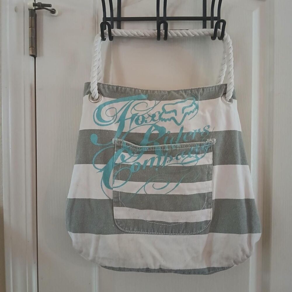 Y2K Vintage Fox Racing Distressed Striped Canvas Tote Bag Rope Handles Moto